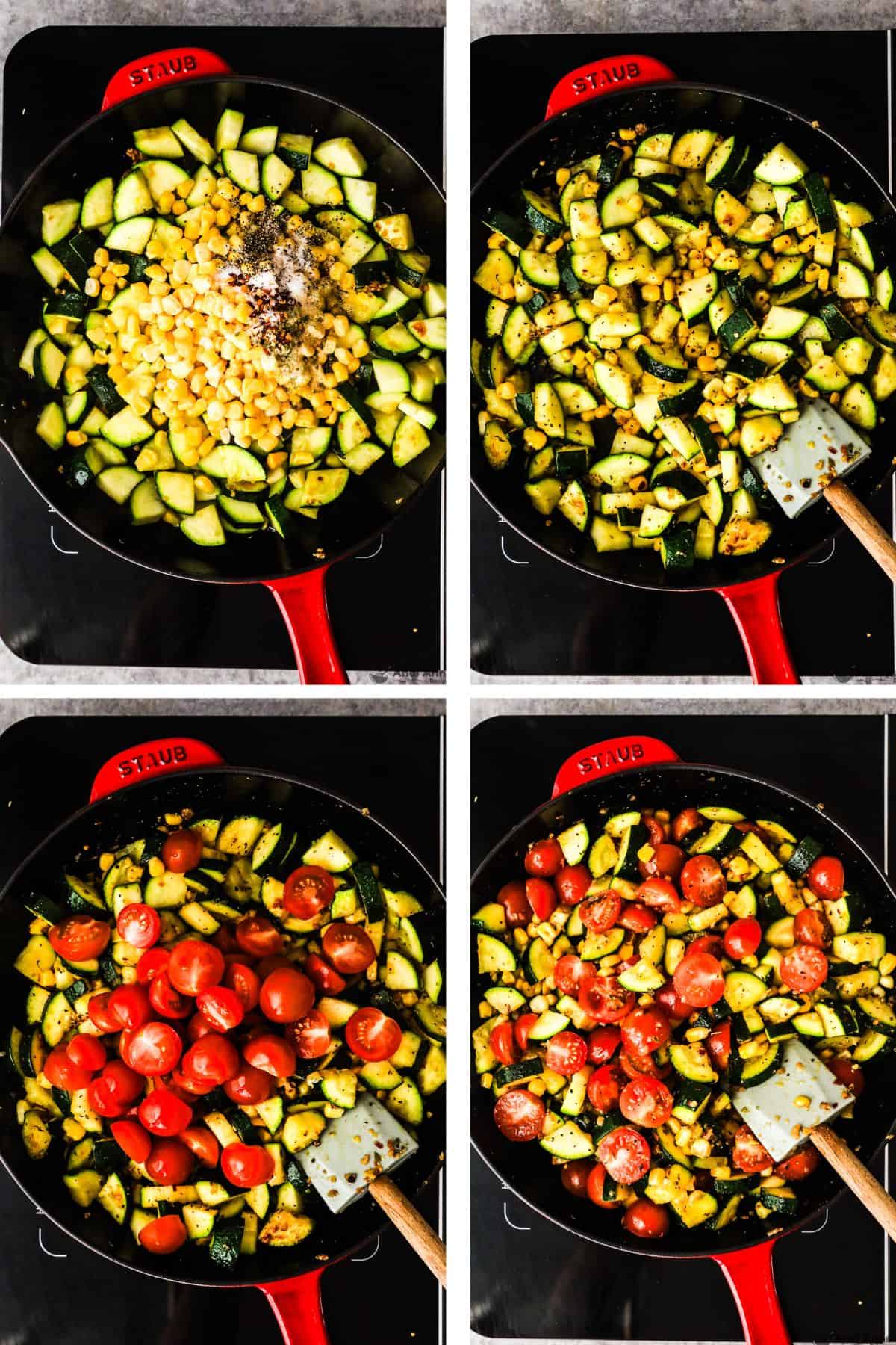 Four images grouped together of frying pan, first with chopped zucchini, corn and spices dumped in, second with those ingredients mixed together, third with chopped tomatoes added on top, fourth with them mixed together