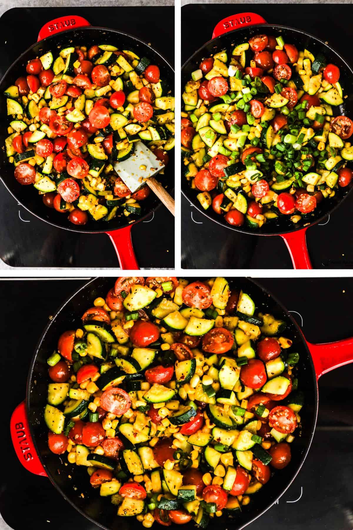 Three images grouped together , first cooked tomatoes corn and zucchini, second with green onion dumped in, third with everything mixed together.