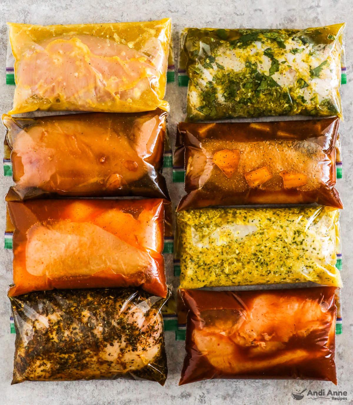 8 different bags with chicken breasts and various marinade ingredients creating 8 different flavors.