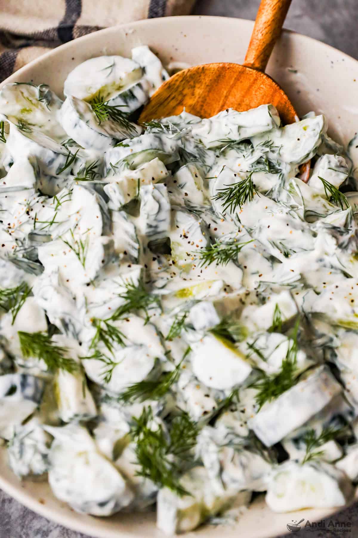 close up of creamy cucumber dill salad