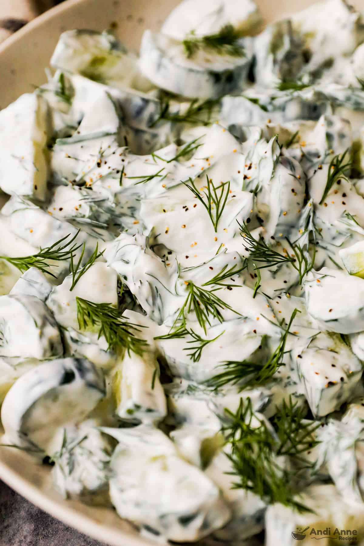 close up of creamy cucumber dill salad