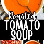 a bowl and a pot of tomato soup, and a baking sheet with roasted tomatoes on it