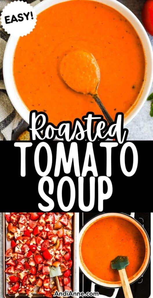 a bowl and a pot of tomato soup, and a baking sheet with roasted tomatoes on it