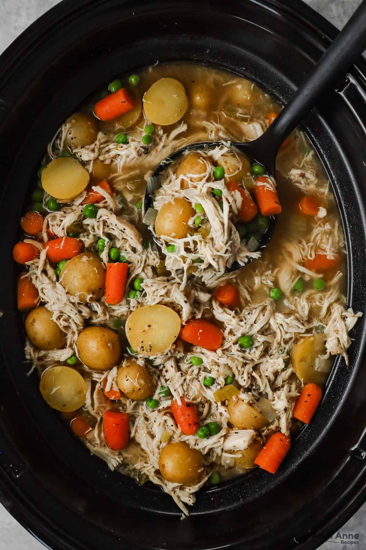 Overhead view of finished chicken stew in a slow cooker. 