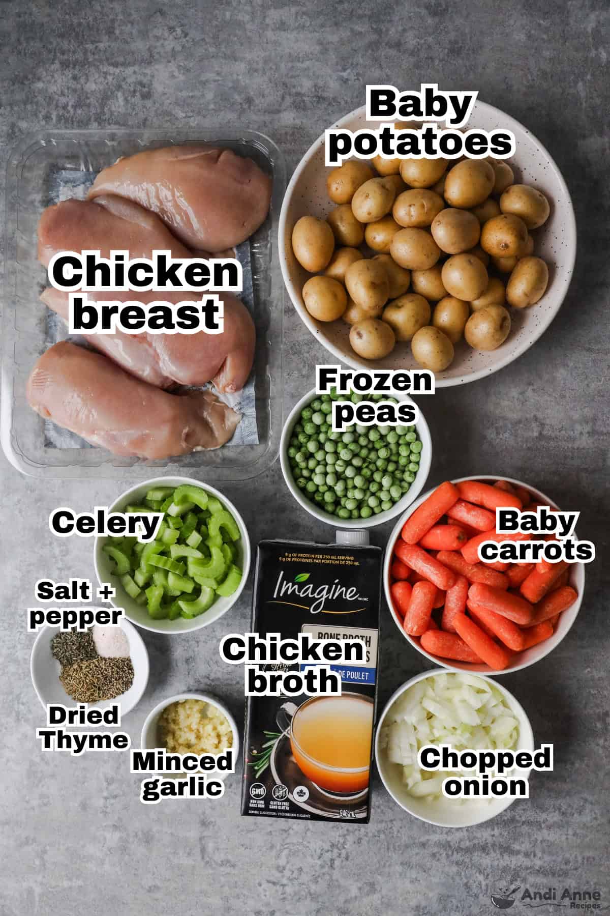 Overhead view of Slow Cooker Chicken Stew ingredients.