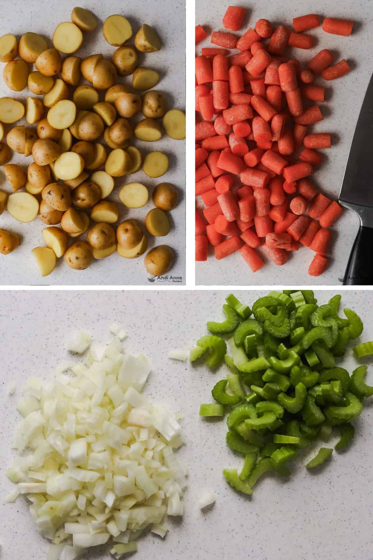 Overhead view of three images in one: 1. Baby potatoes chopped in half. 2. Baby carrots chopped in half. 3. Chopped onion and celery on a cutting board. 