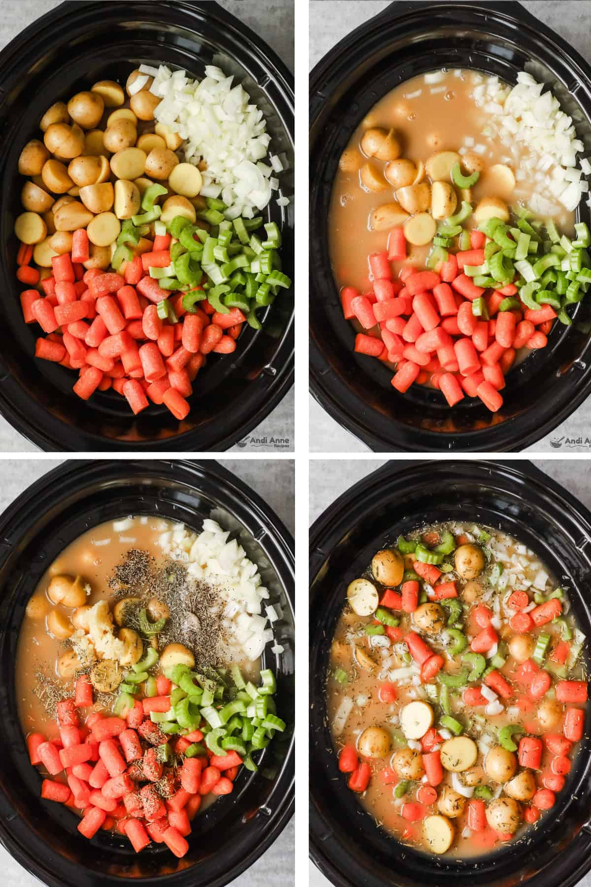 Overhead view of four images in one: 1. Potatoes, onion, celery and carrots added to slow cooker. 2. Broth is added. 3. Seasonings are added. 4. All ingredients are mixed. 