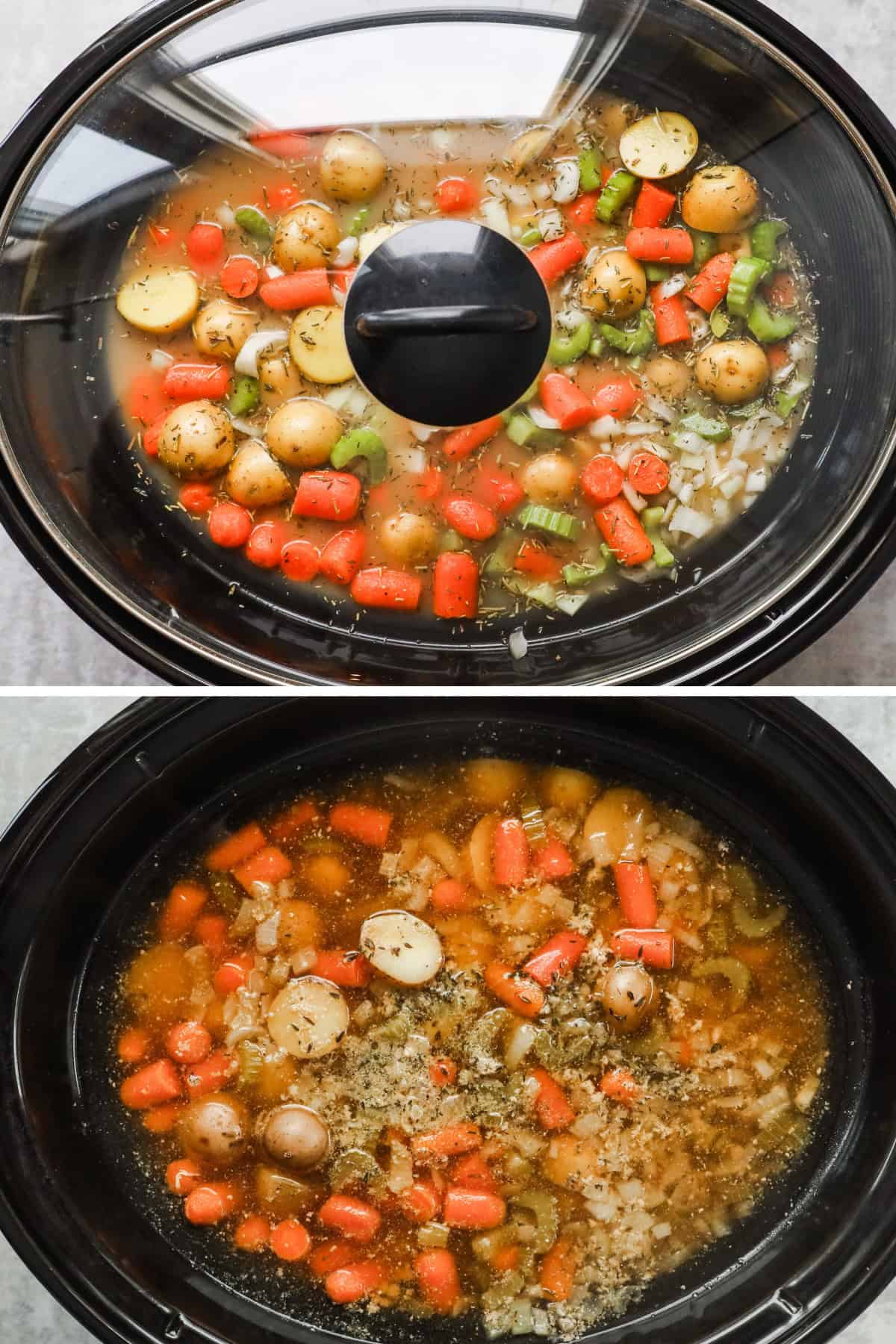 Overhead view of two images in one: 1. Uncooked ingredients with clear lid on slow cooker. 2. Cooked stew with lid off. 