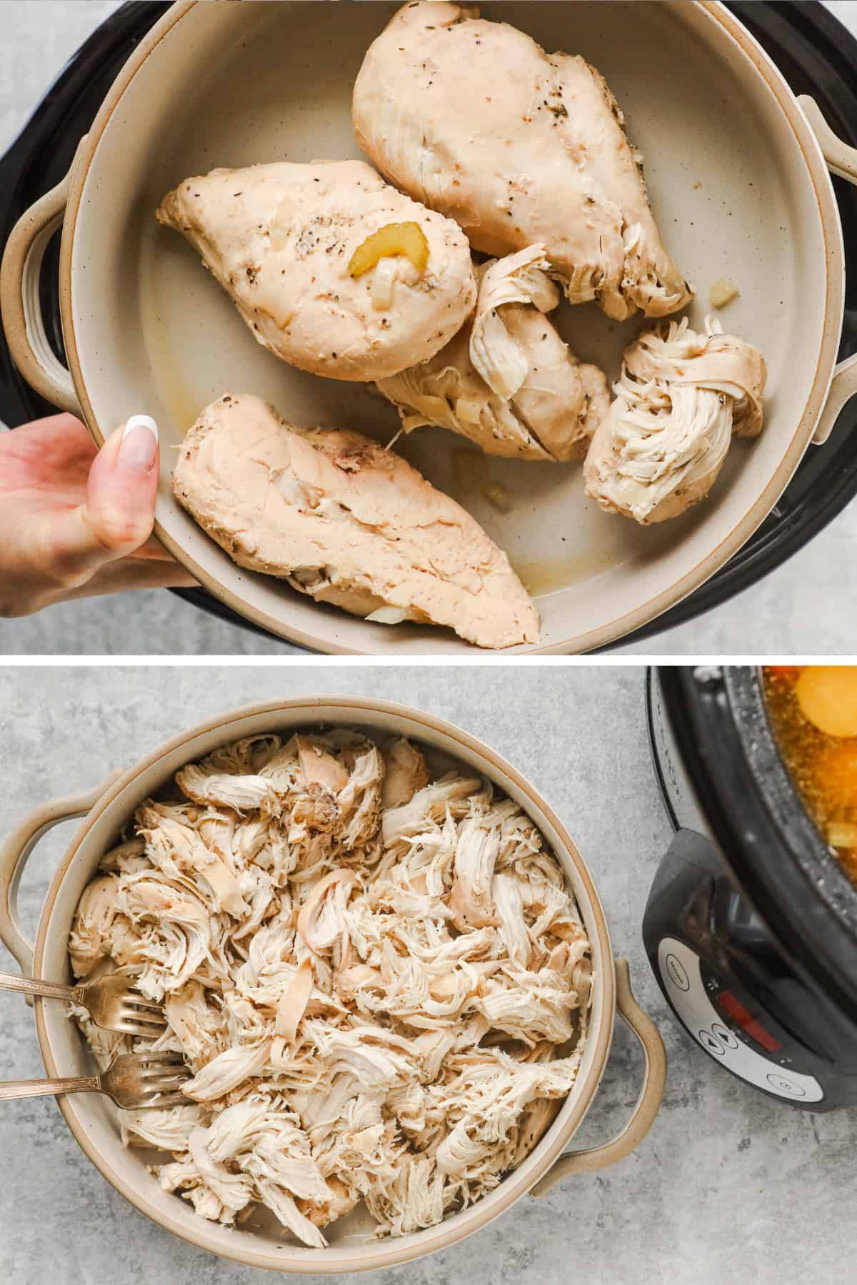 Overhead view of two images in one: 1. Chicken breast is pulled from slow cooker. 2. Chicken breast is shredded and placed in a bowl. 