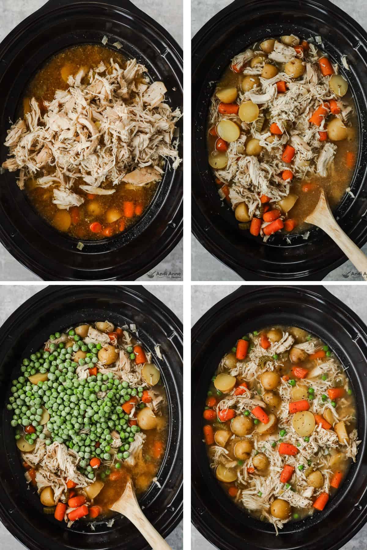 Overhead view of four images in one: 1. Shredded chicken is dumped into slow cooker. 2. Shredded chicken is mixed in. 3. Peas are added. 4. Peas are mixed in. 