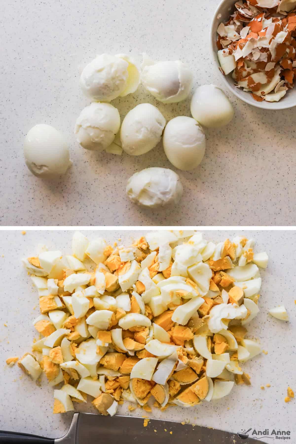 Overhead view of two images: 1. Eggs with shell peeled off, shells are in a bowl to the side. 2. Hardboiled eggs have been chopped into smaller pieces with a knife. 