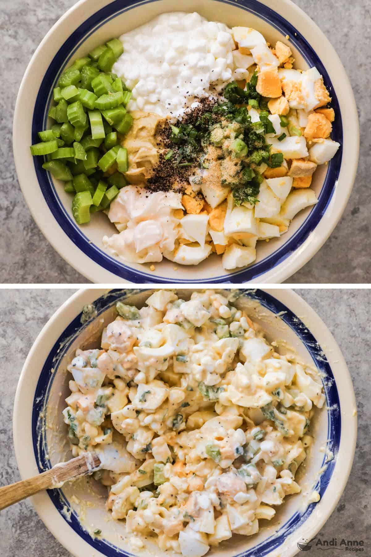 Overhead view of two images. 1. All ingredients are added to a bowl. 2. All ingredients are mixed. 