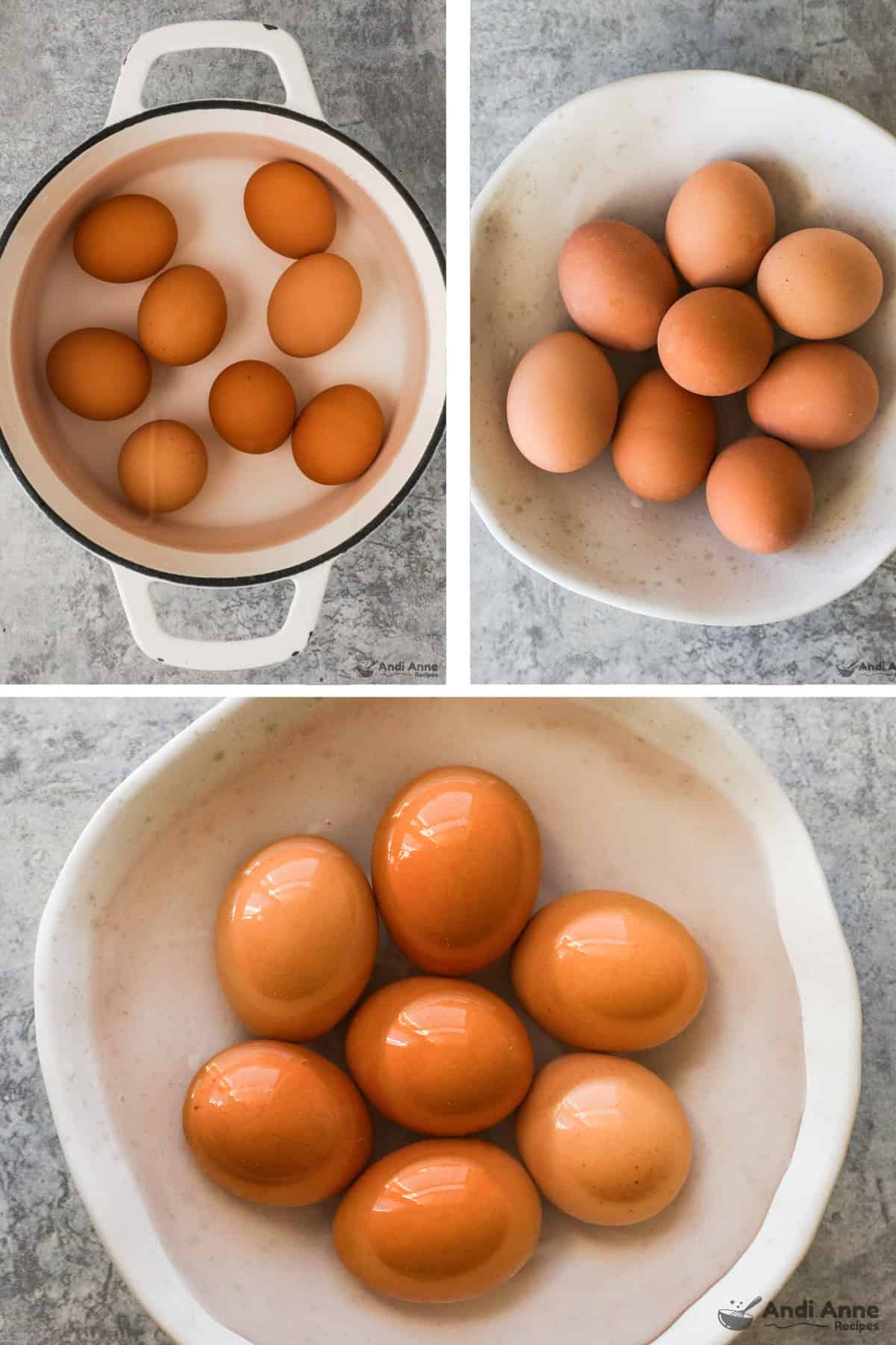 Overhead view of three images: 1. Eggs cooked in white pot in water. 2. Cooked eggs in a white bowl. 3. Cold water added to bowl with eggs still in it. 