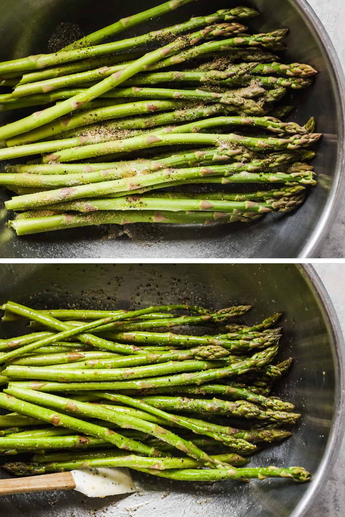 Two overhead images in one: 1. Asparagus in steel bowl with salt, garlic powder, olive oil and pepper. 2. Image of seasonings mixed with asparagus. 