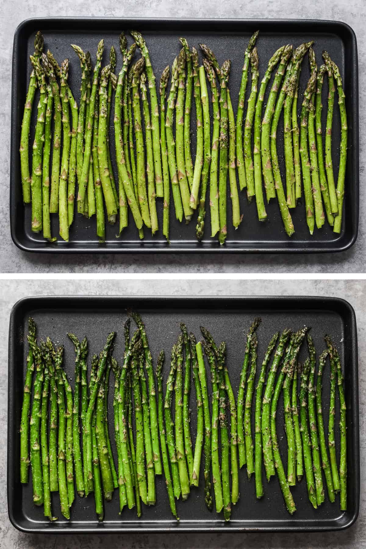 Two overhead images in one: 1. Uncooked asparagus side-by-side on a baking sheet. 2. Cooked asparagus on baking sheet. 