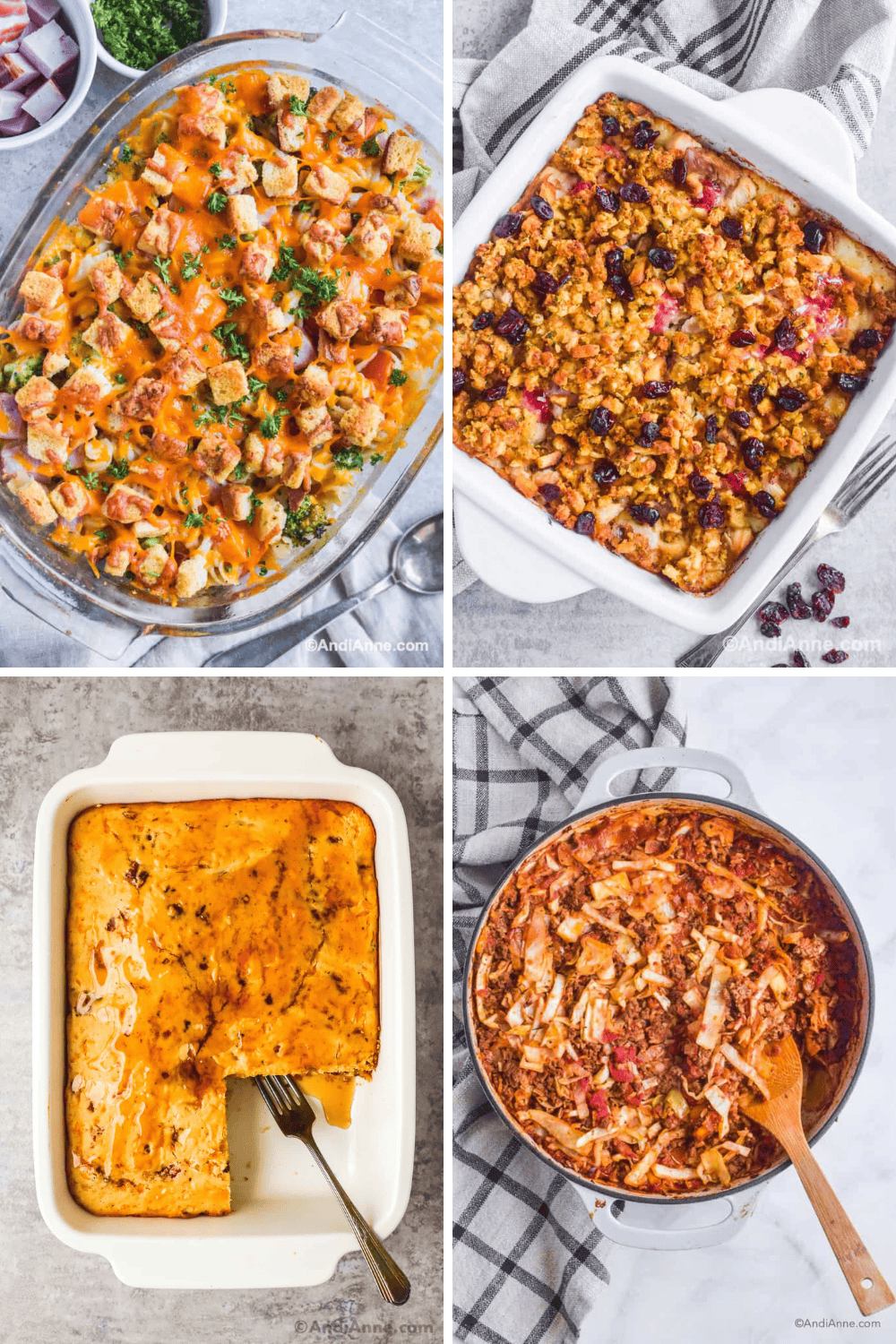 A ham, cheese and pasta casserole, a turkey leftover casserole, a bacon cheese pancake casserole, and a beef cabbage roll casserole.