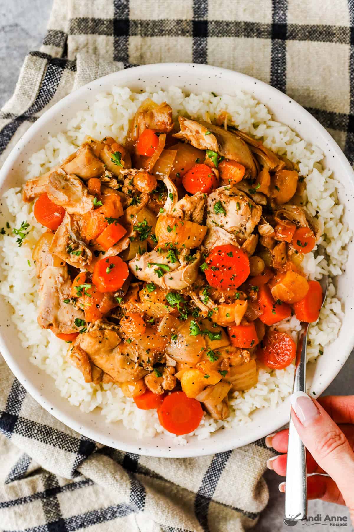 Plate of rice with moroccan chicken recipe on top