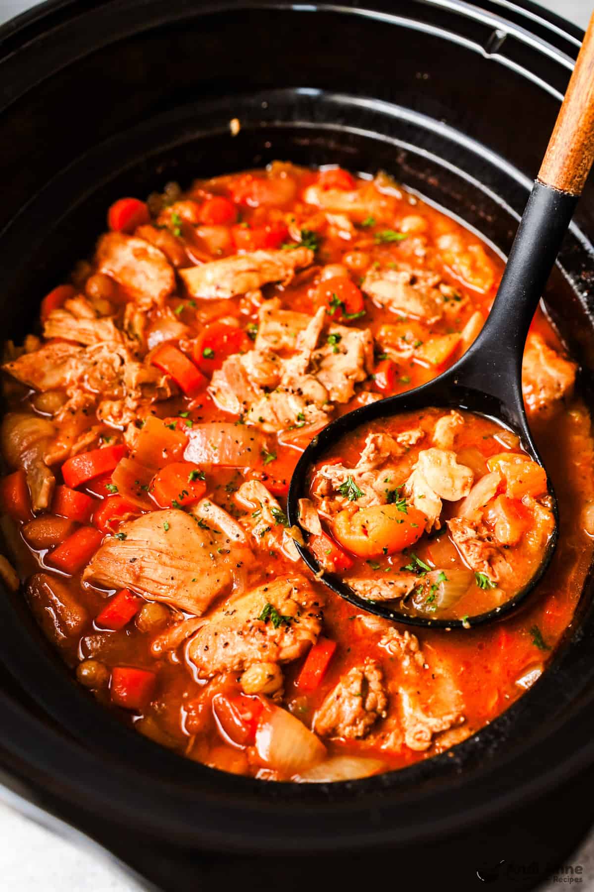 Soup ladle in crockpot that has moroccan chicken