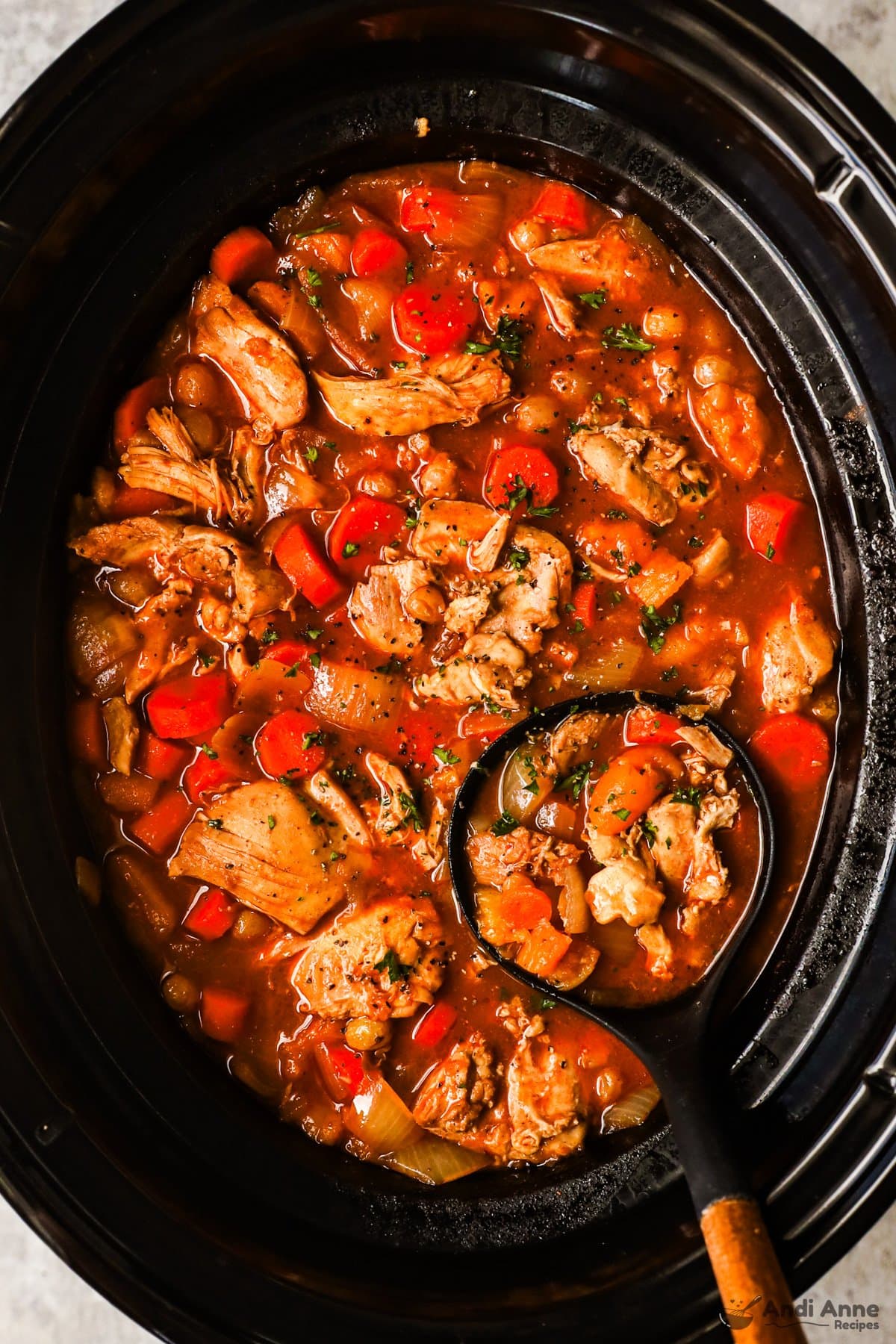 Slow cooker with moroccan chicken and soup ladle