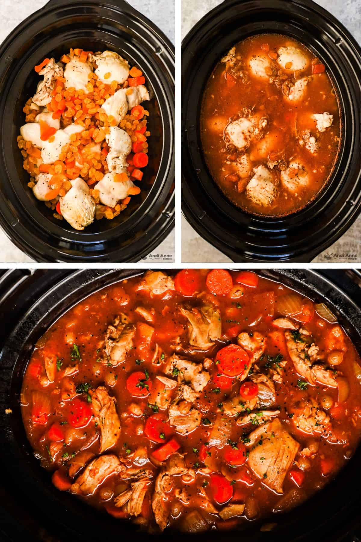 Three images grouped, first is raisins, apricots and chicken in slow cooker. Second is liquid added. third is final moroccan chicken recipe
