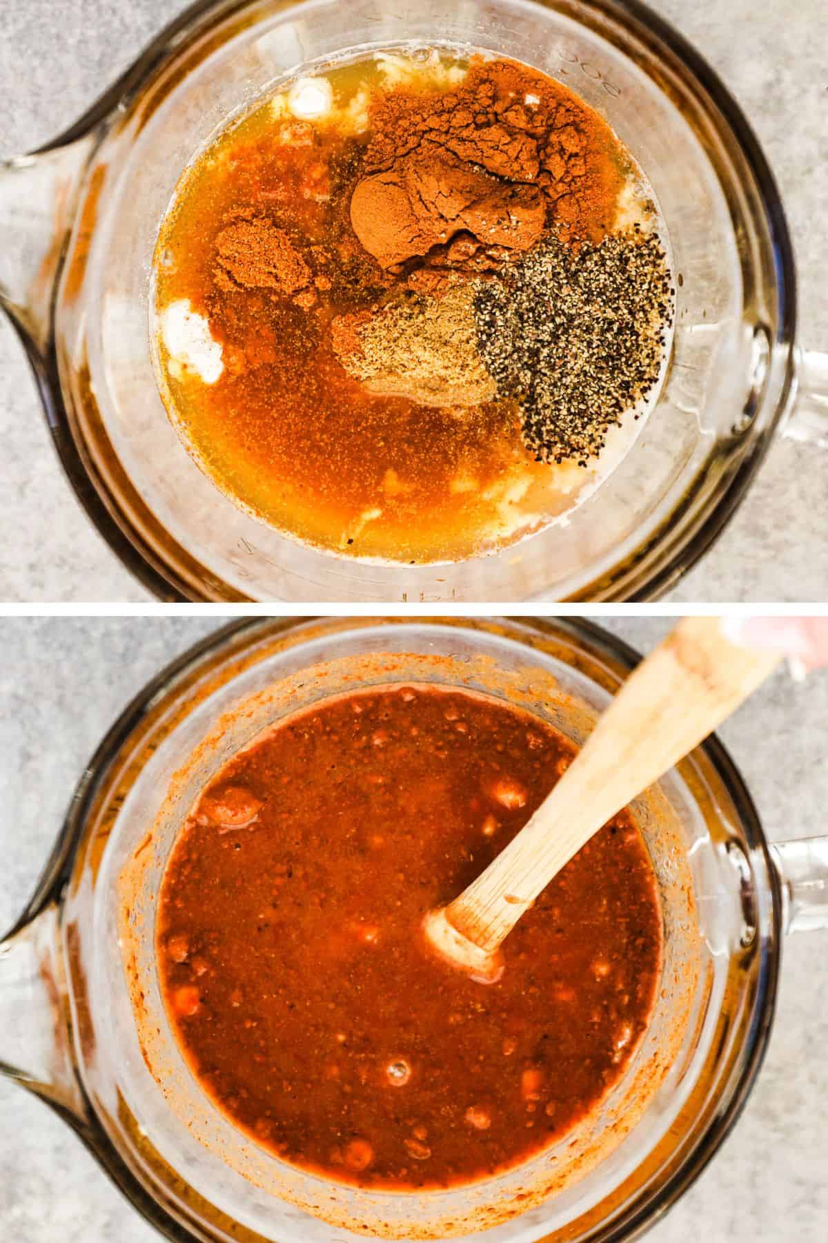 Bowl with liquids and spices first unmixed then mixed