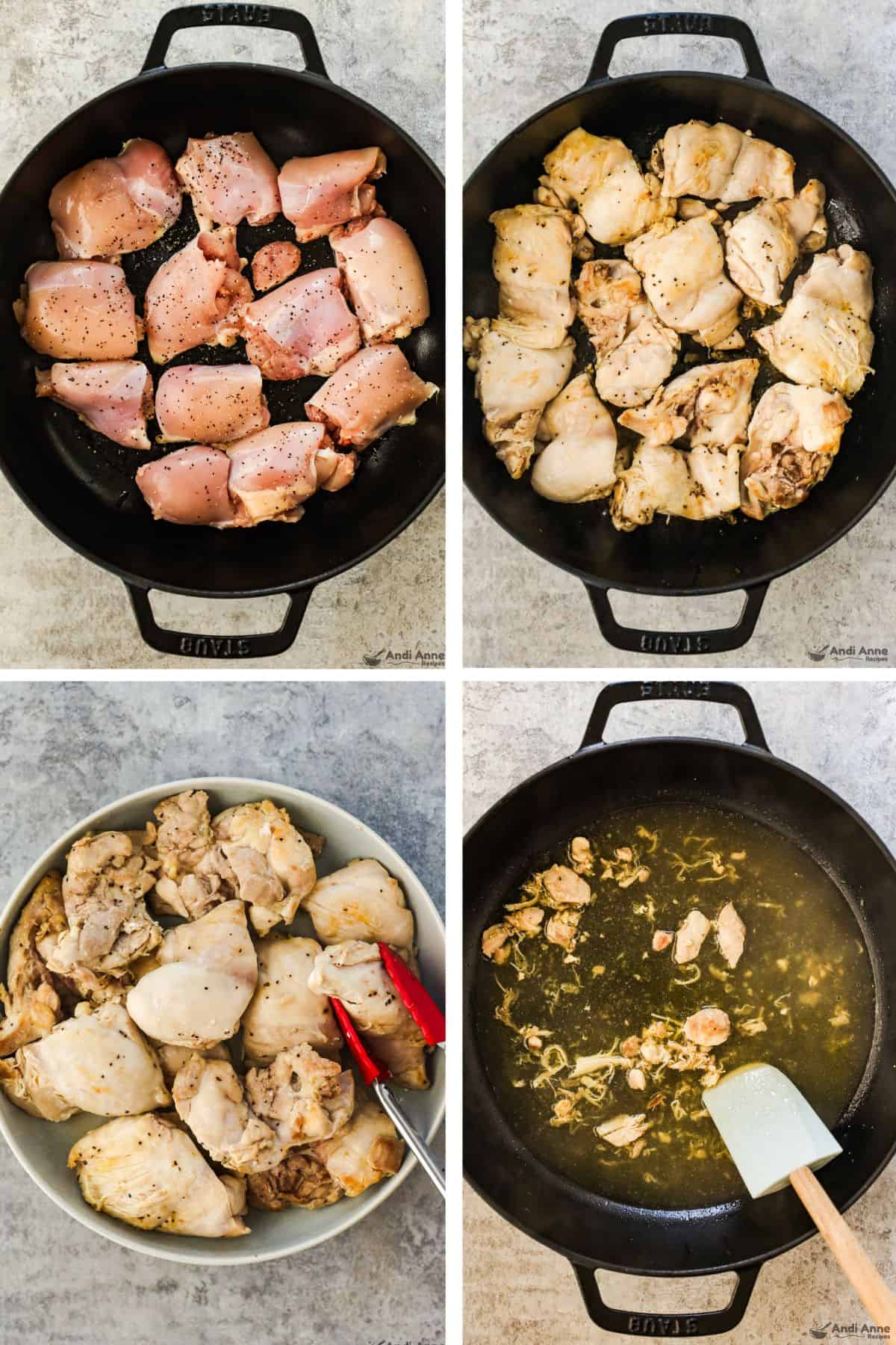 Four images first two chicken thighs cooking in skillet, third a plate of chicken, fourth broth and chicken bits leftover in skillet