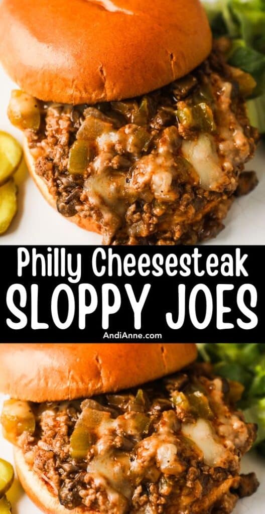 Philly cheesesteak sloppy joe on a hamburger bun