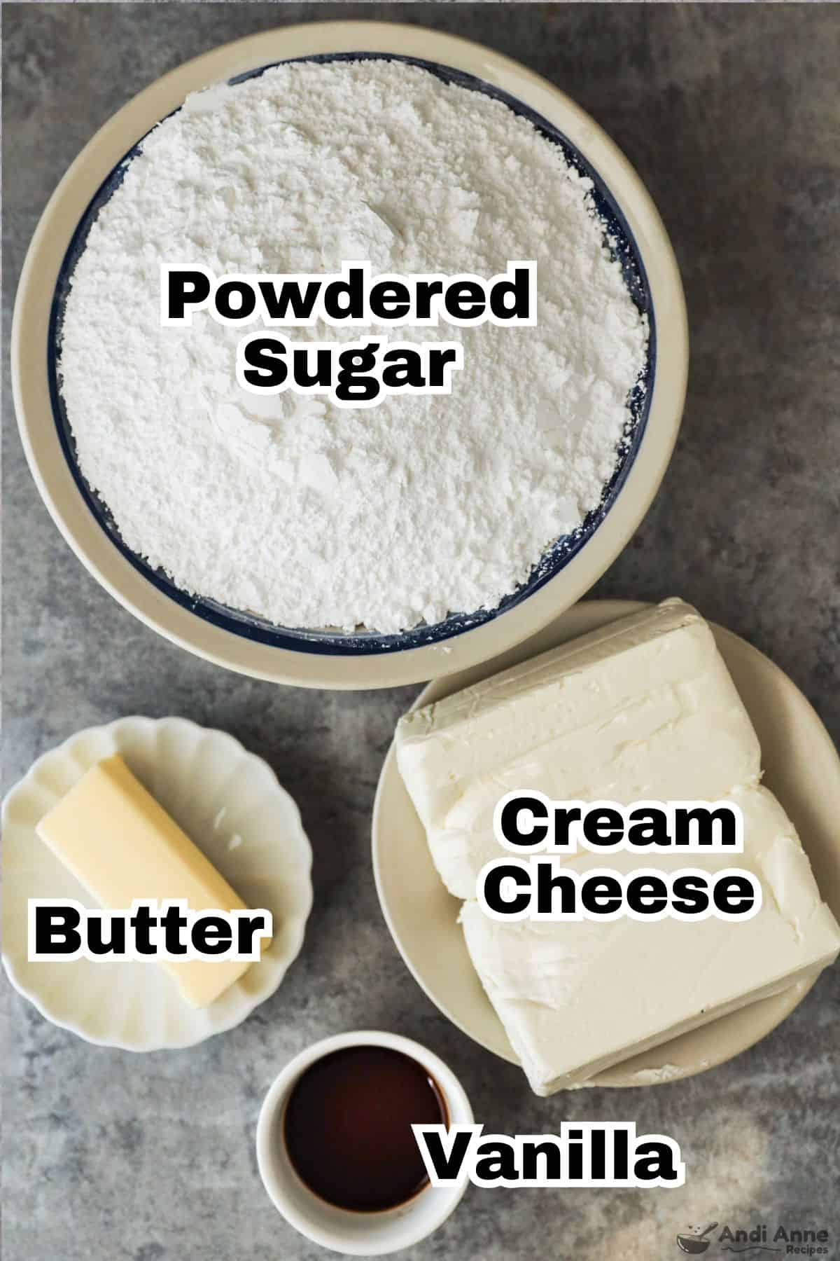 Recipe ingredients including bowl of powdered sugar, cream cheese, butter and vanilla extract
