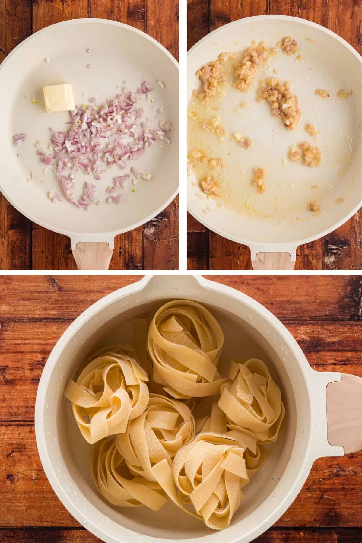 Three images of pan, first with chopped raw shallot and butter, second it's sauteed, third image pasta in pot