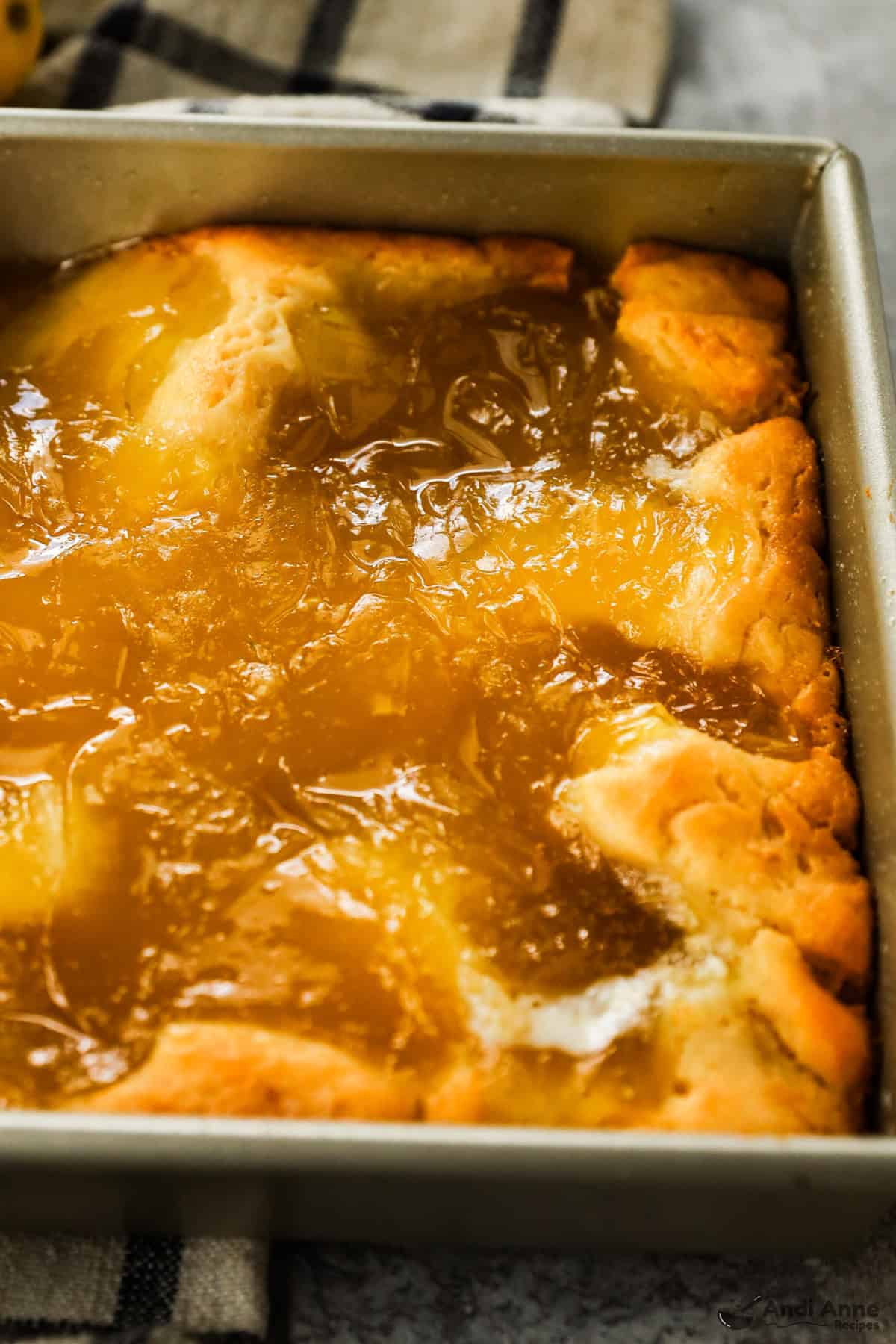 A close-up of the cobbler in the pan after baking.