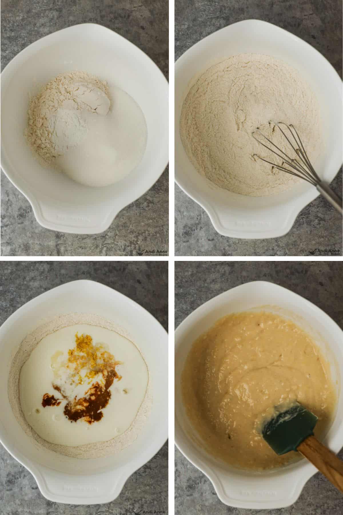 The dry Magic Lemon Cobbler ingredients are in a bowl, then whisked together, the wet ingredients are added, and then all of the ingredients are mixed together.