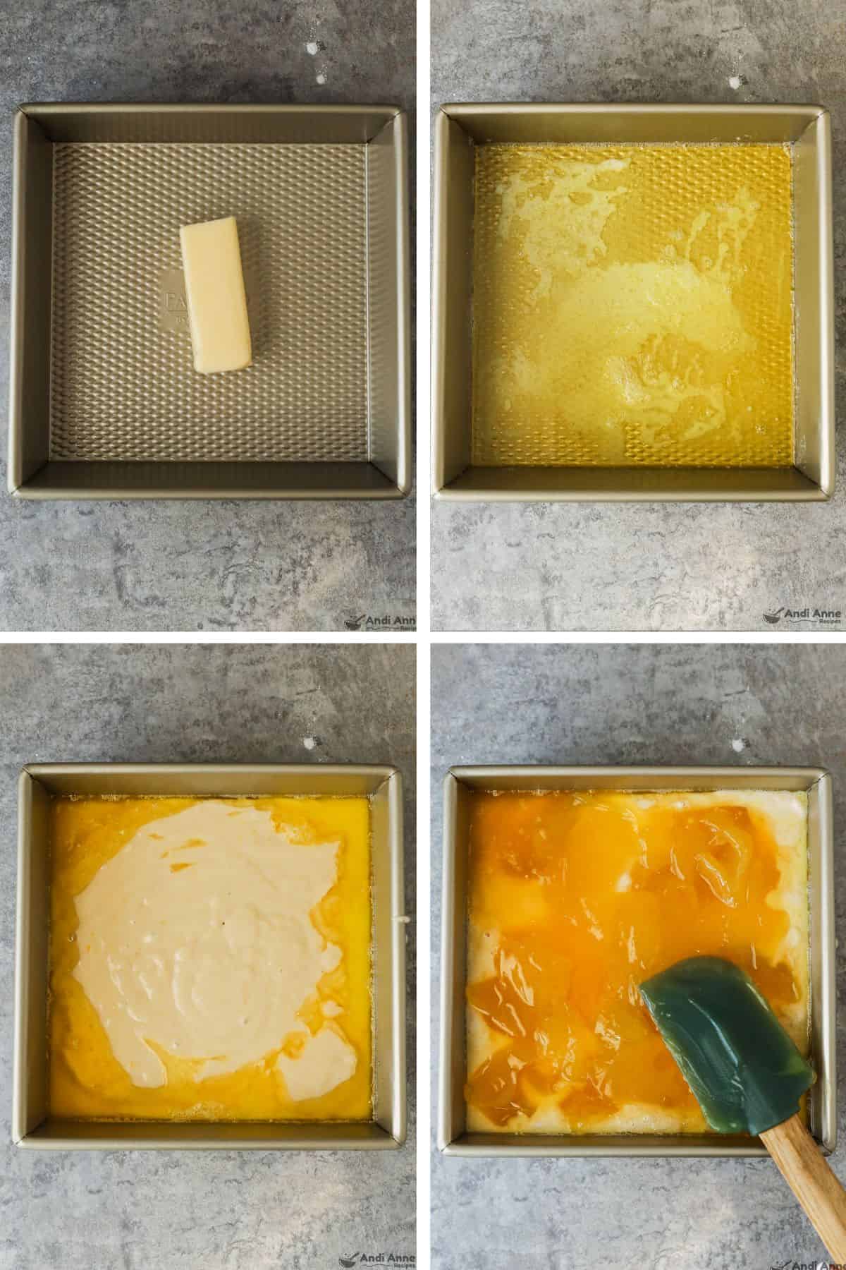 Butter is melted in a pan, the batter is poured over the melted butter, then the lemon pie filling is spooned on top.