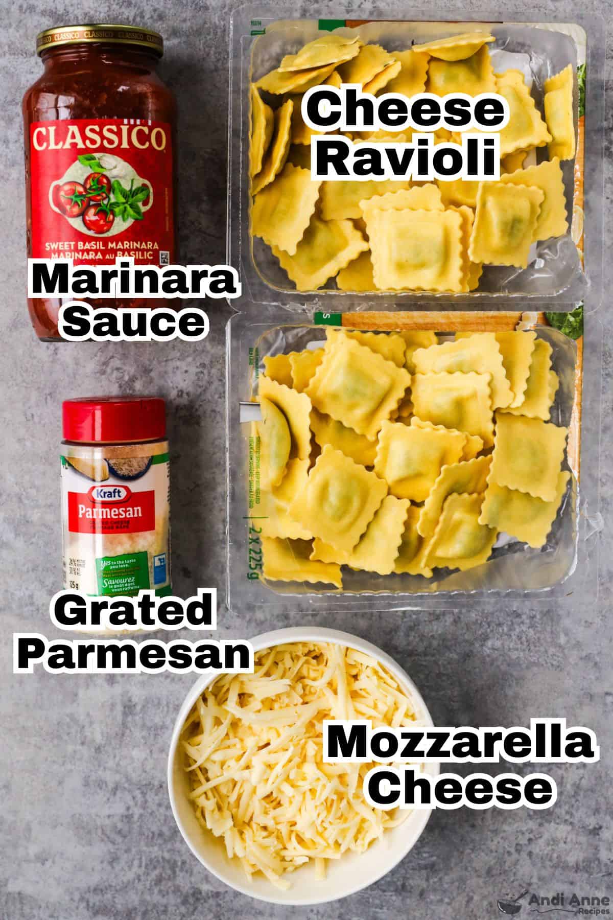 jar of marinara, ravioli, jar of parmesan, shredded parmesan in bowl