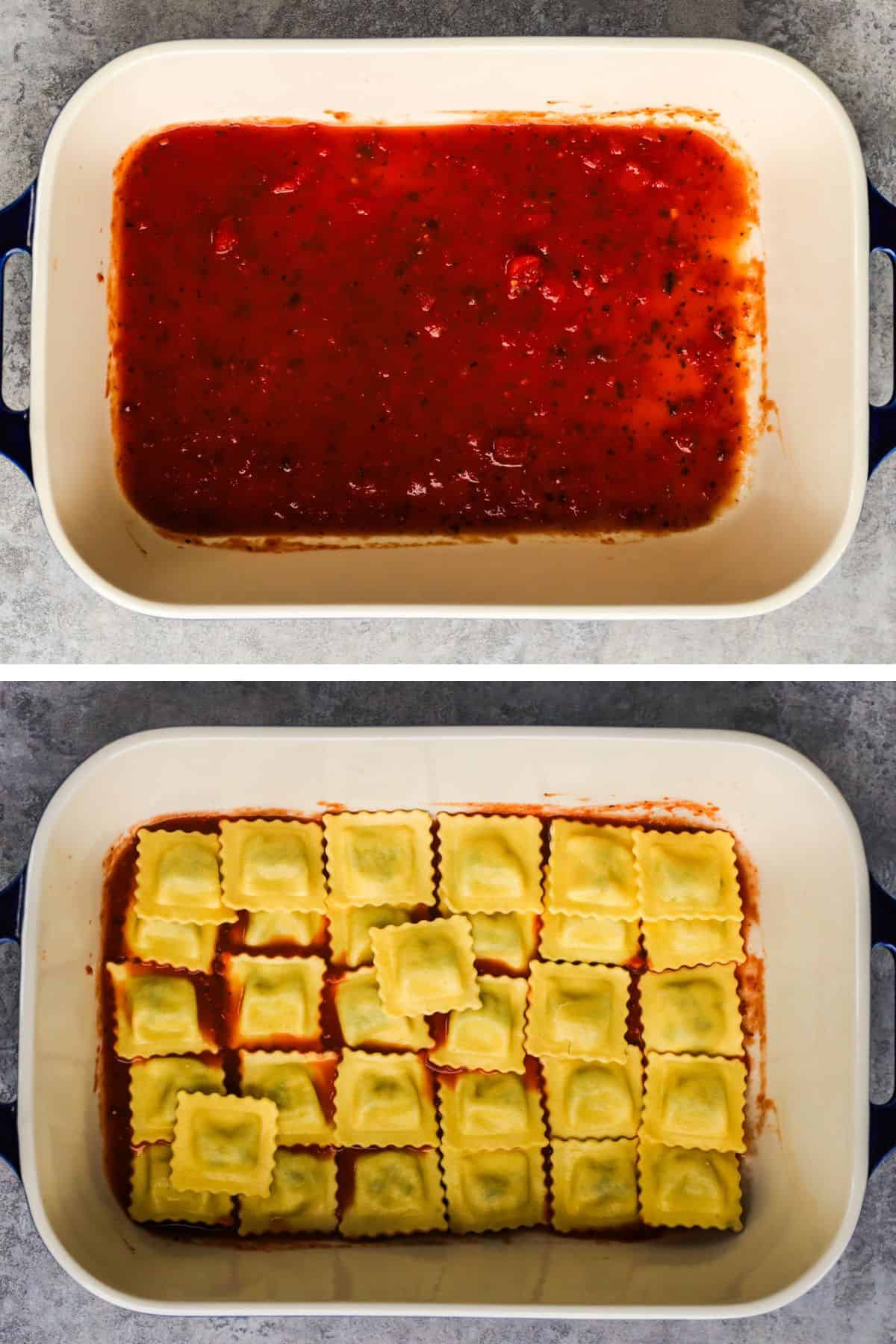 two images of casserole dish, first is marinara sauce, second has layer of ravioli