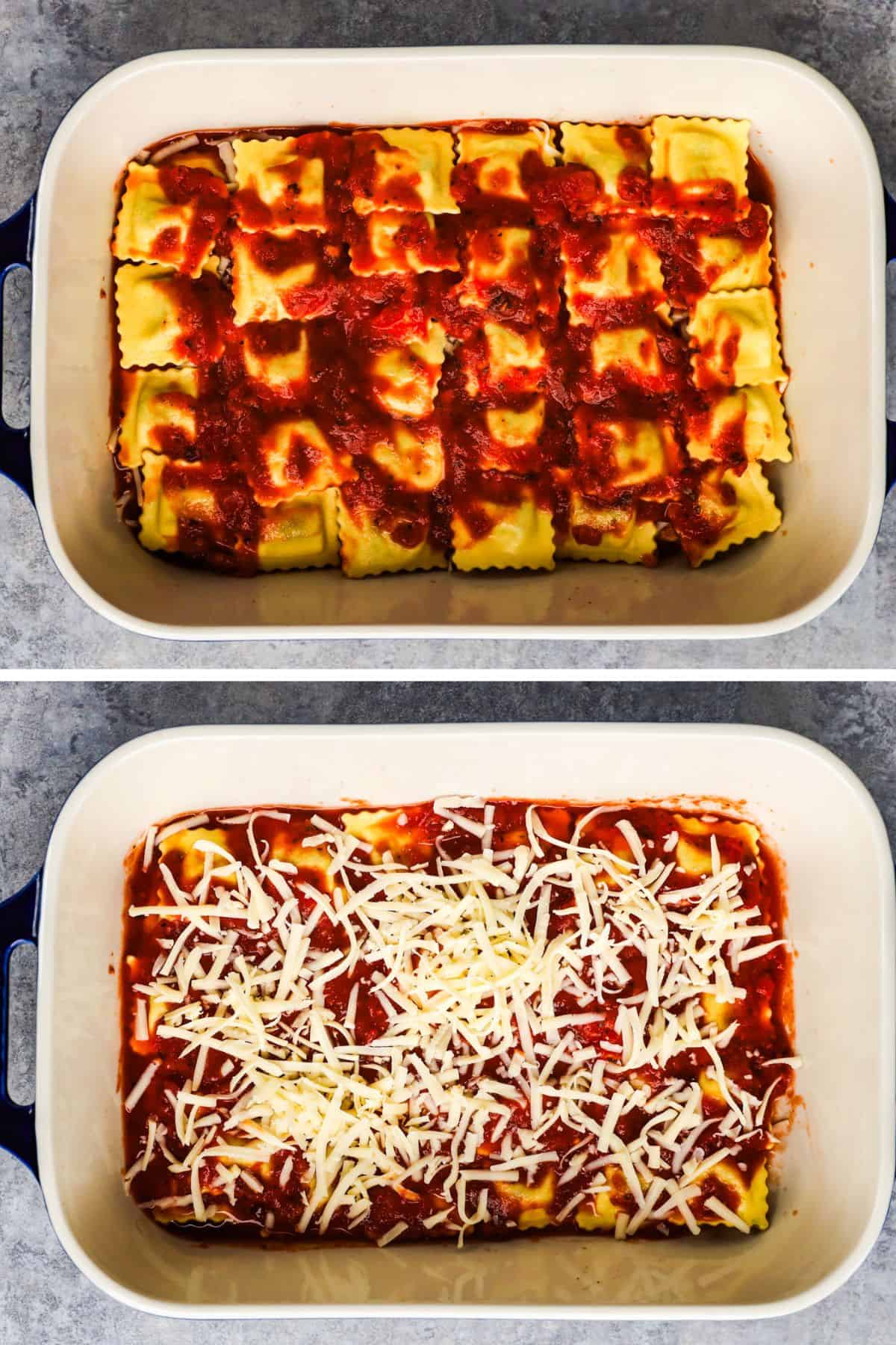 two images of casserole dish first with ravioli and pasta sauce on top, second has shredded cheese