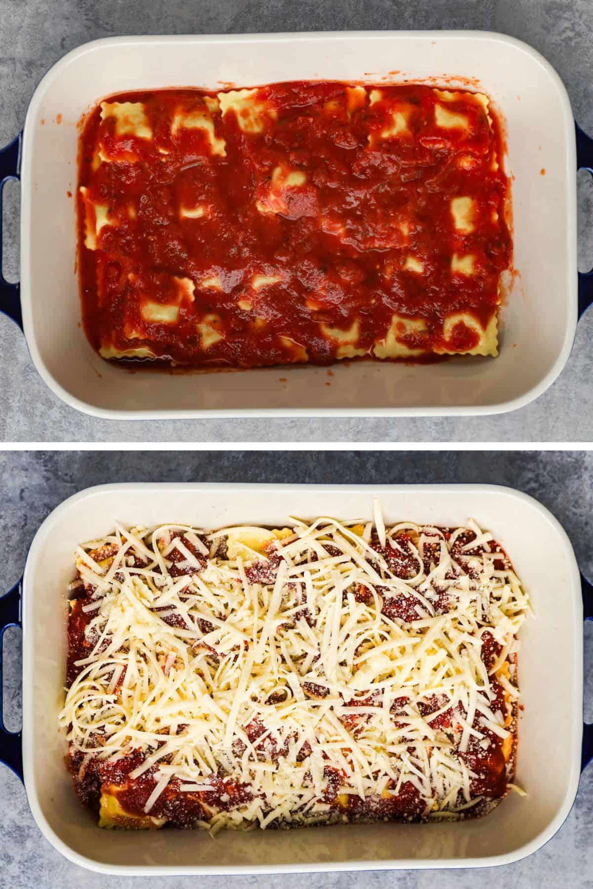 two images of casserole dish first has sauce over layer of ravioli, second has shredded mozzarella cheese