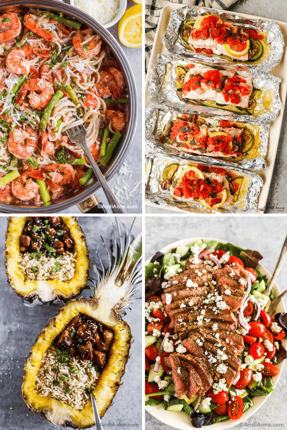 Four recipes grouped together featuring shrimp pasta, salmon foil packets, pineapple boats, and steak salad.