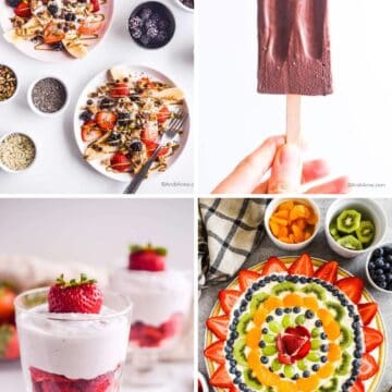 Healthier banana splits, homemade fudgesicles, strawberries and cream parfait, and fruit pizza.
