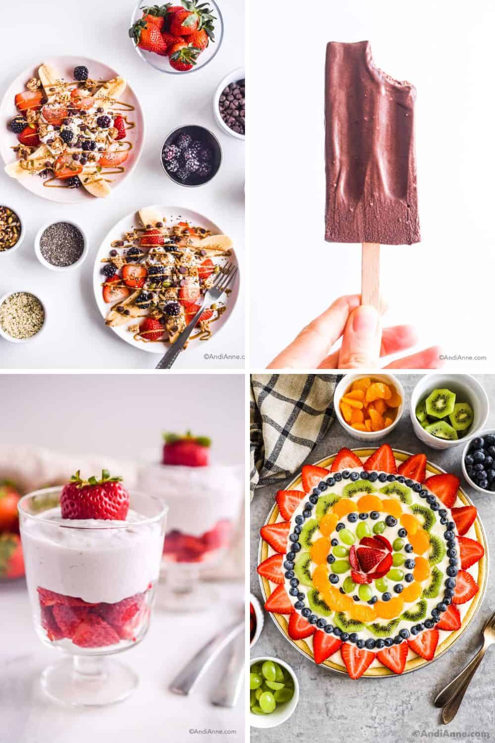 Healthier banana splits, homemade fudgesicles, strawberries and cream parfait, and fruit pizza.