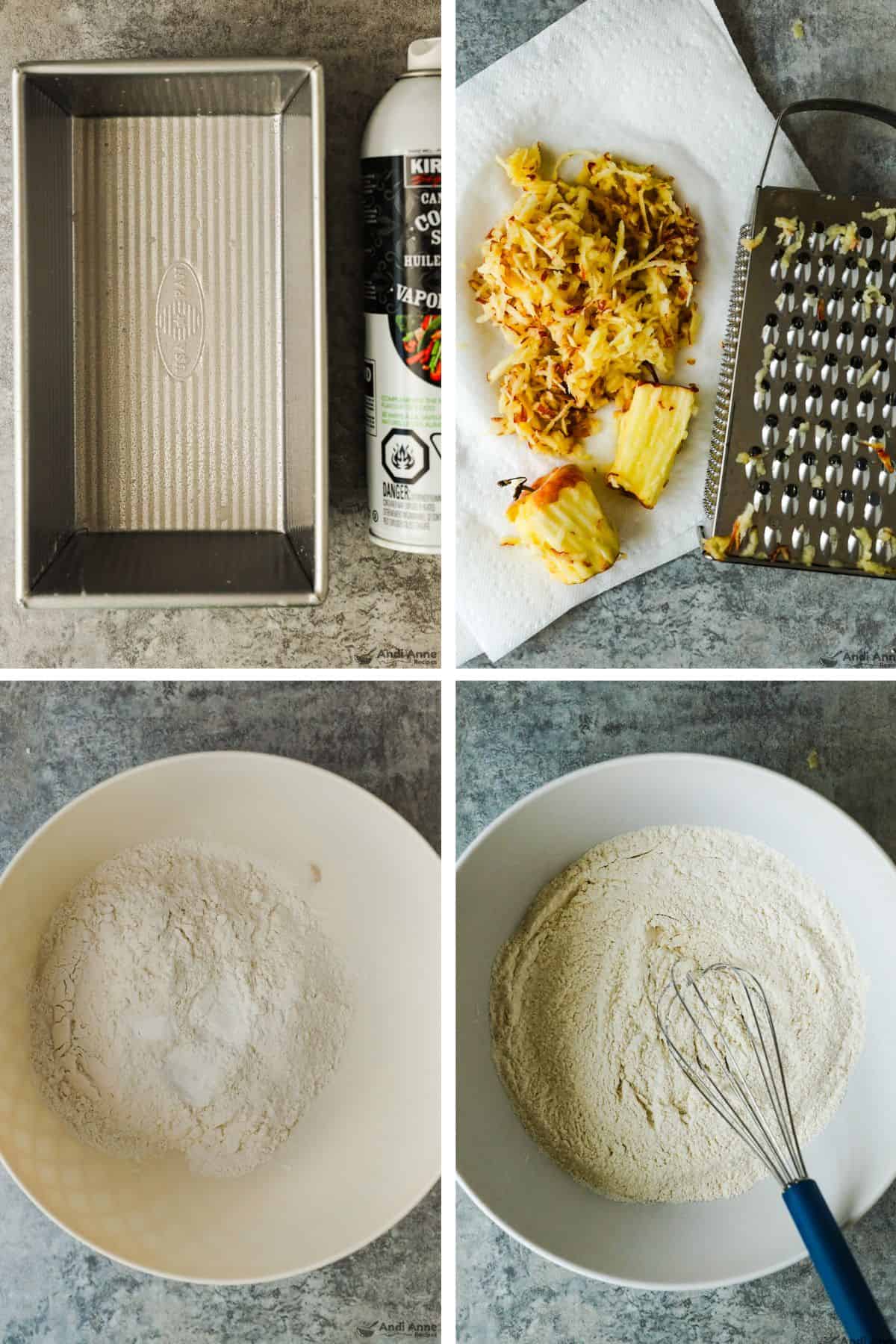 A loaf pan is greased and set aside, apples are shredded using a box grater, then the dry ingredients are put in a bowl and mixed with a whisk. 