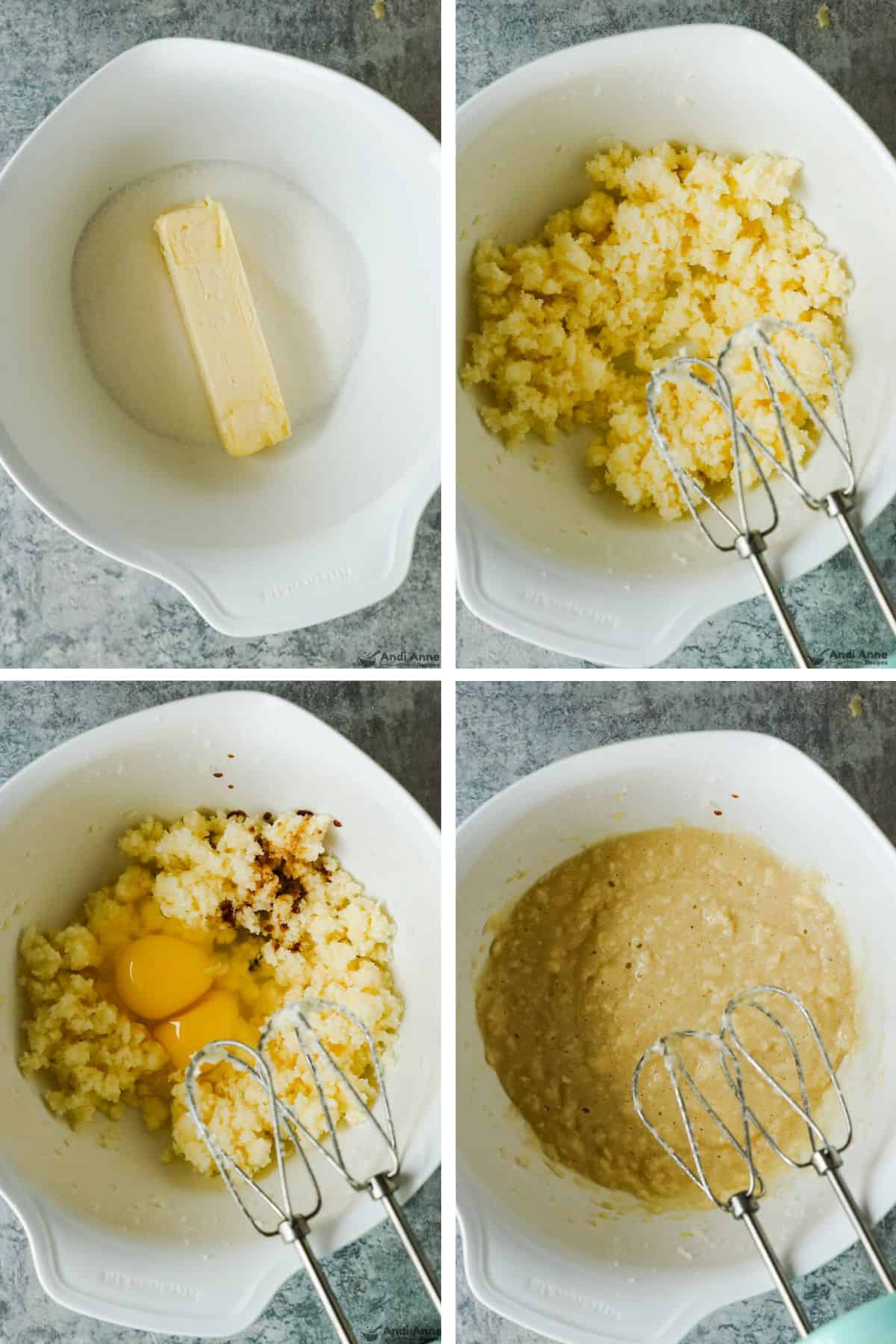 Butter and sugar are creamed together using a hand mixer, eggs and vanilla are added, and then beaten together until smooth.