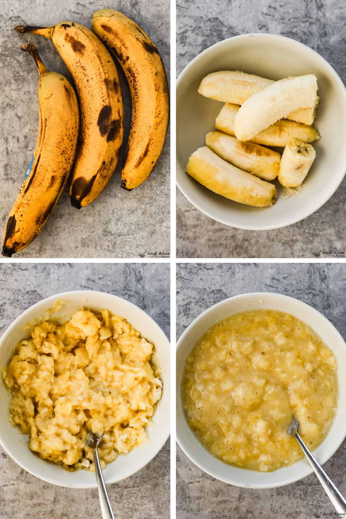 Ripe bananas are put in a bowl and mashed until only small clumps remain.