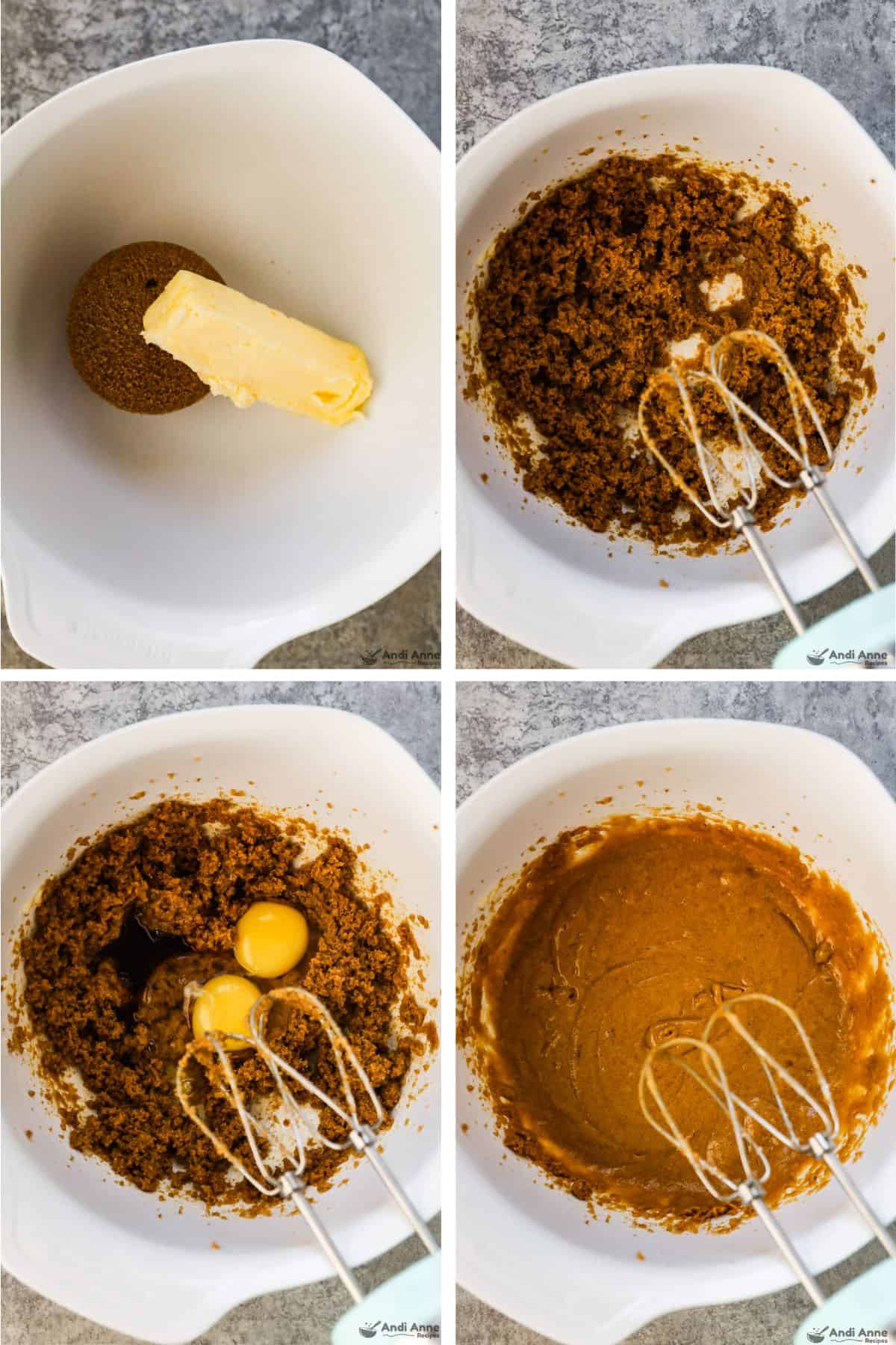 Butter and brown sugar are creamed together, then the eggs and vanilla are added and mixed. 