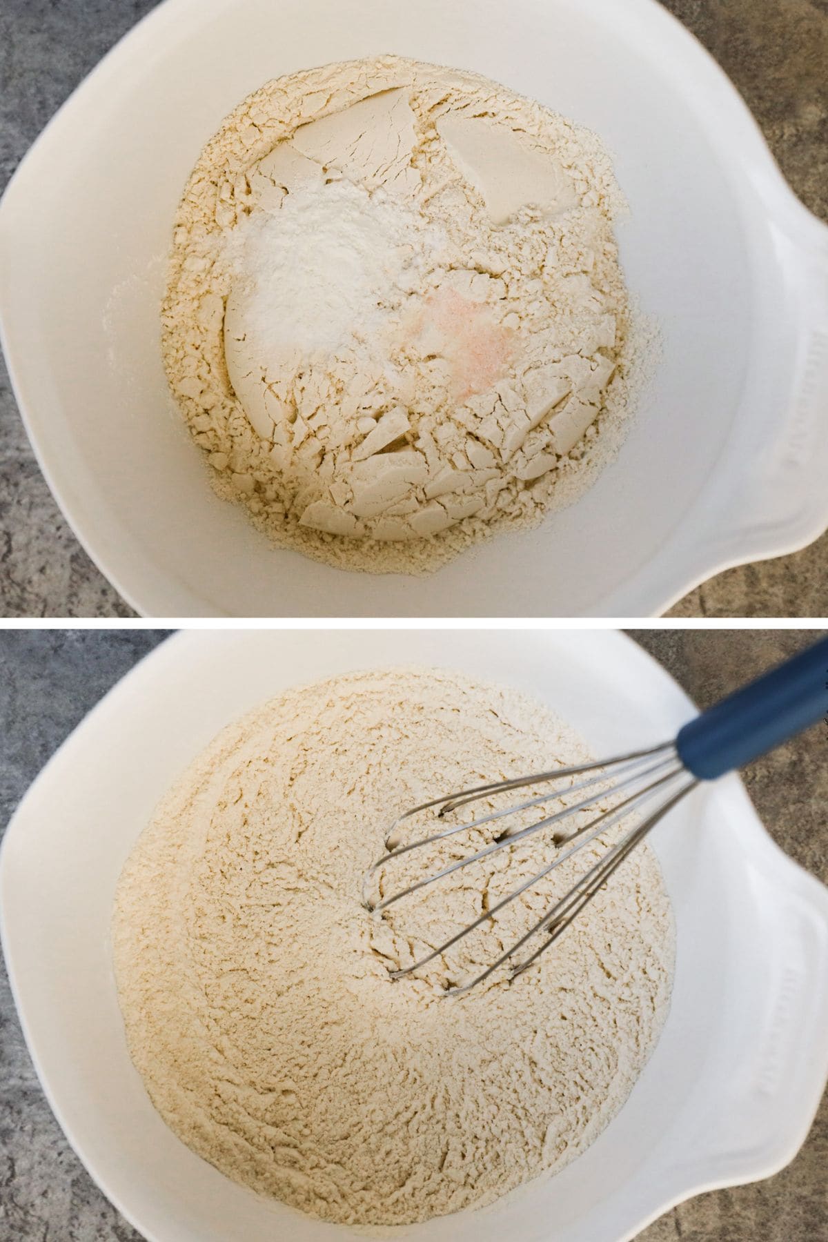 The dry ingredients are put in a large white bowl and whisked together.