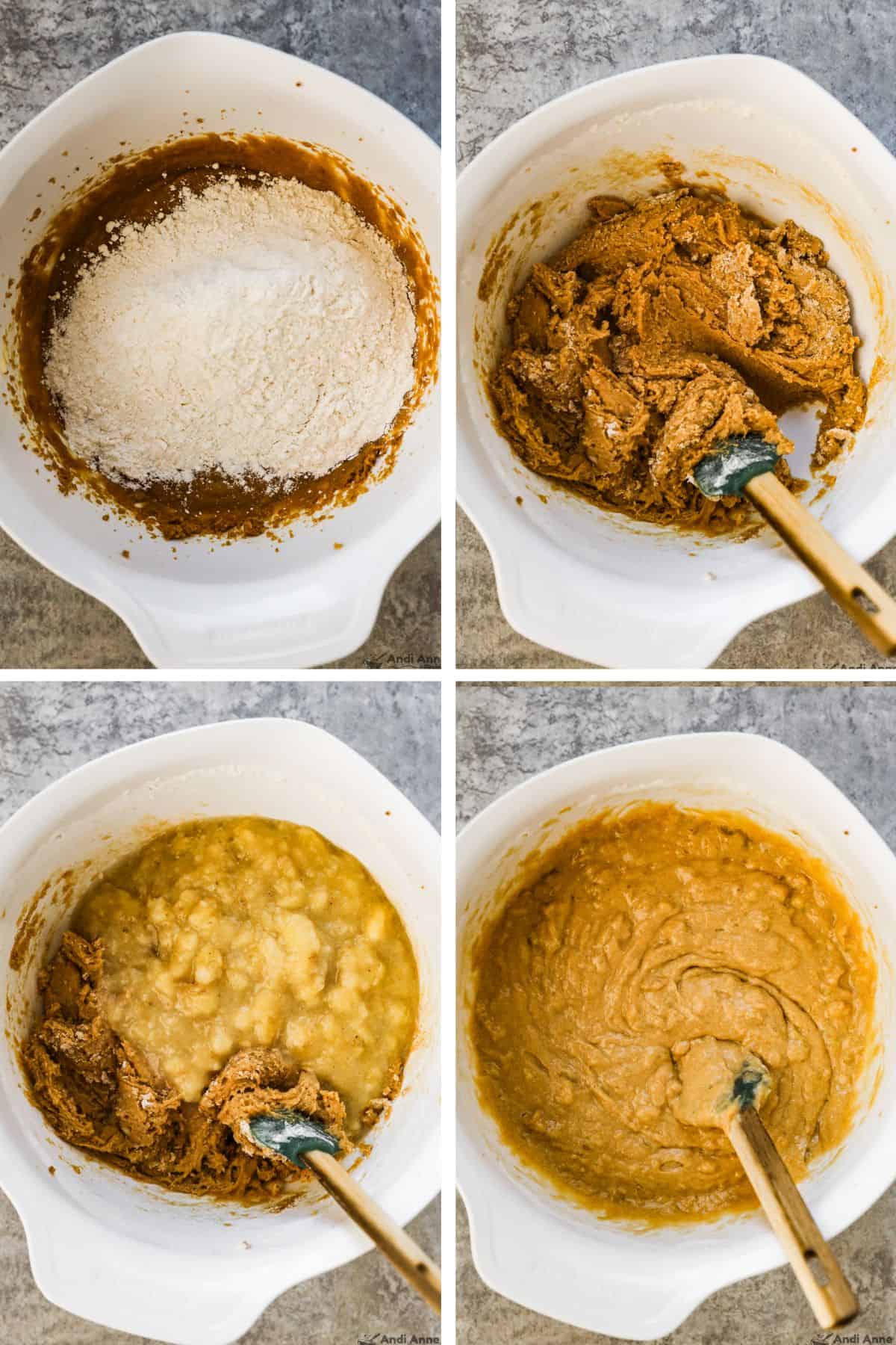 The dry ingredients are added to the wet and mixed together, then the mashed banana is mixed in.