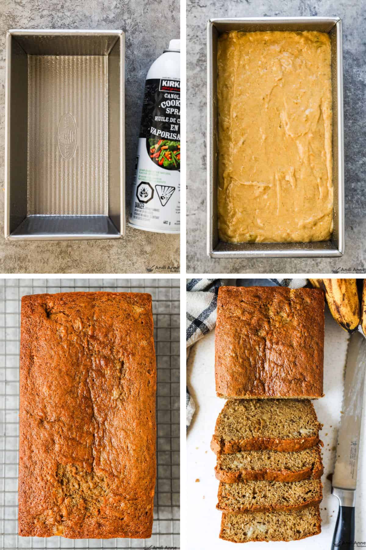 The banana bread batter is poured into a greased pan, baked, and then removed, cooled, and sliced.