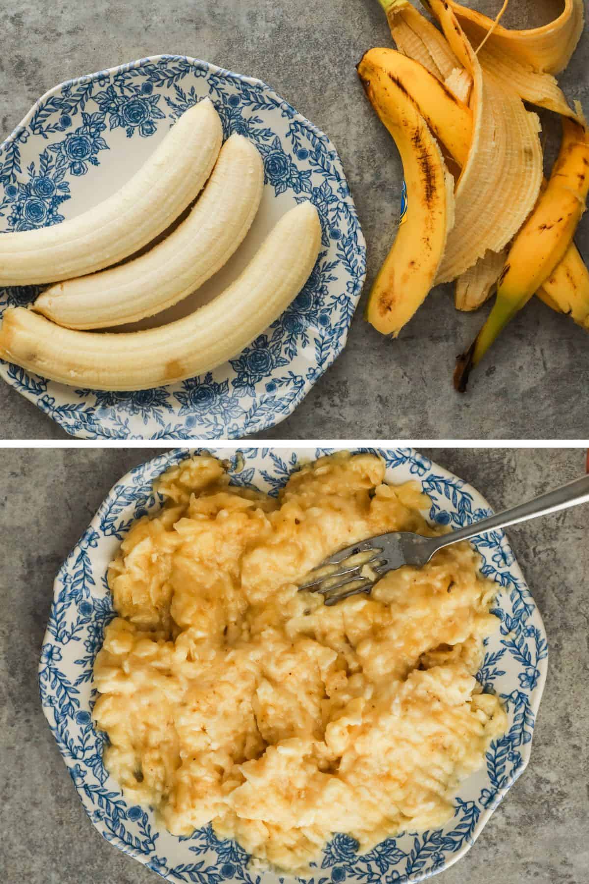 Ripe bananas in a bowl are mashed with a fork.