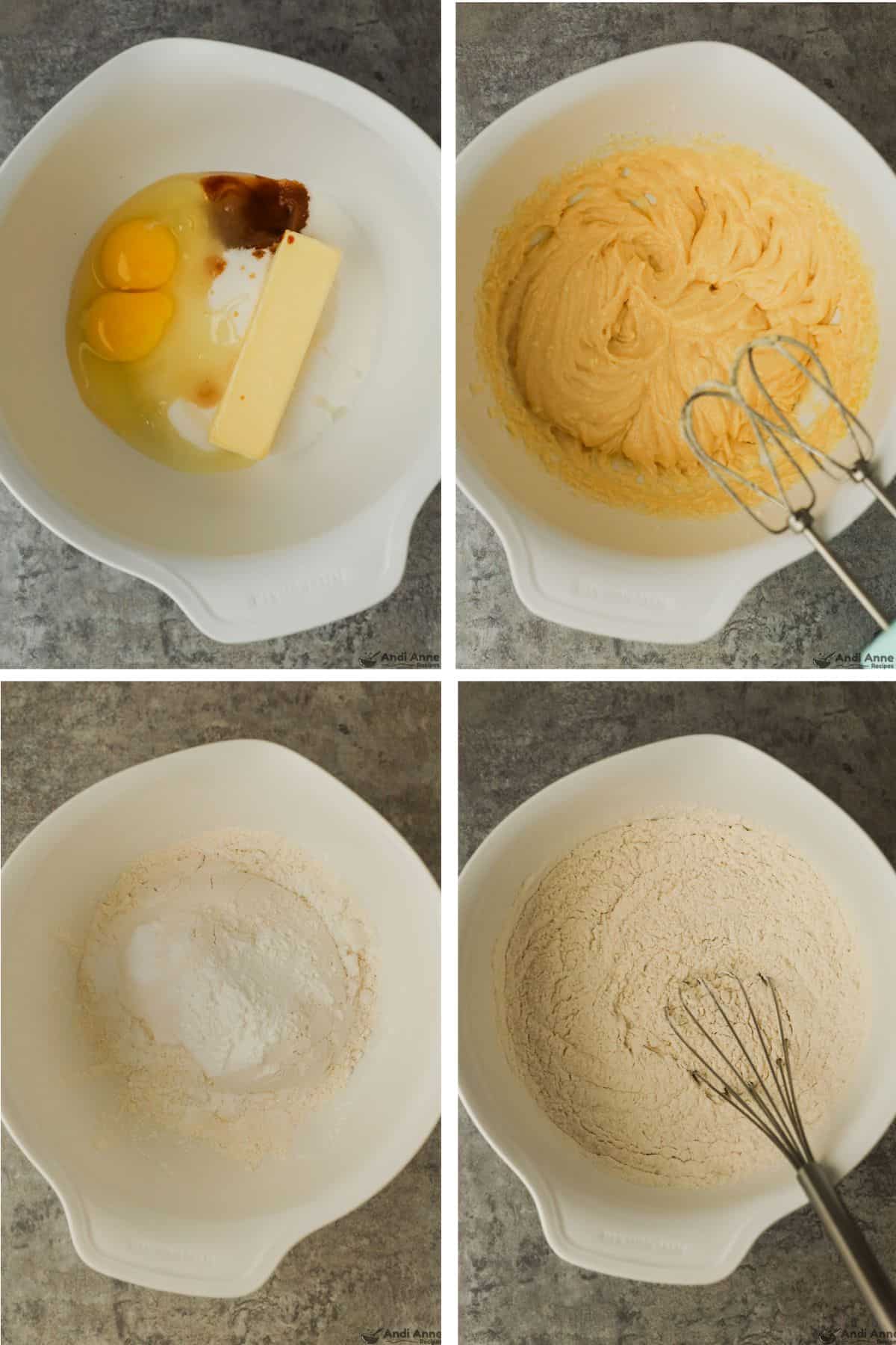 Eggs, sugar, vanilla, and butter are creamed together with a hand mixer. In a separate bowl, the dry ingredients are whisked together.