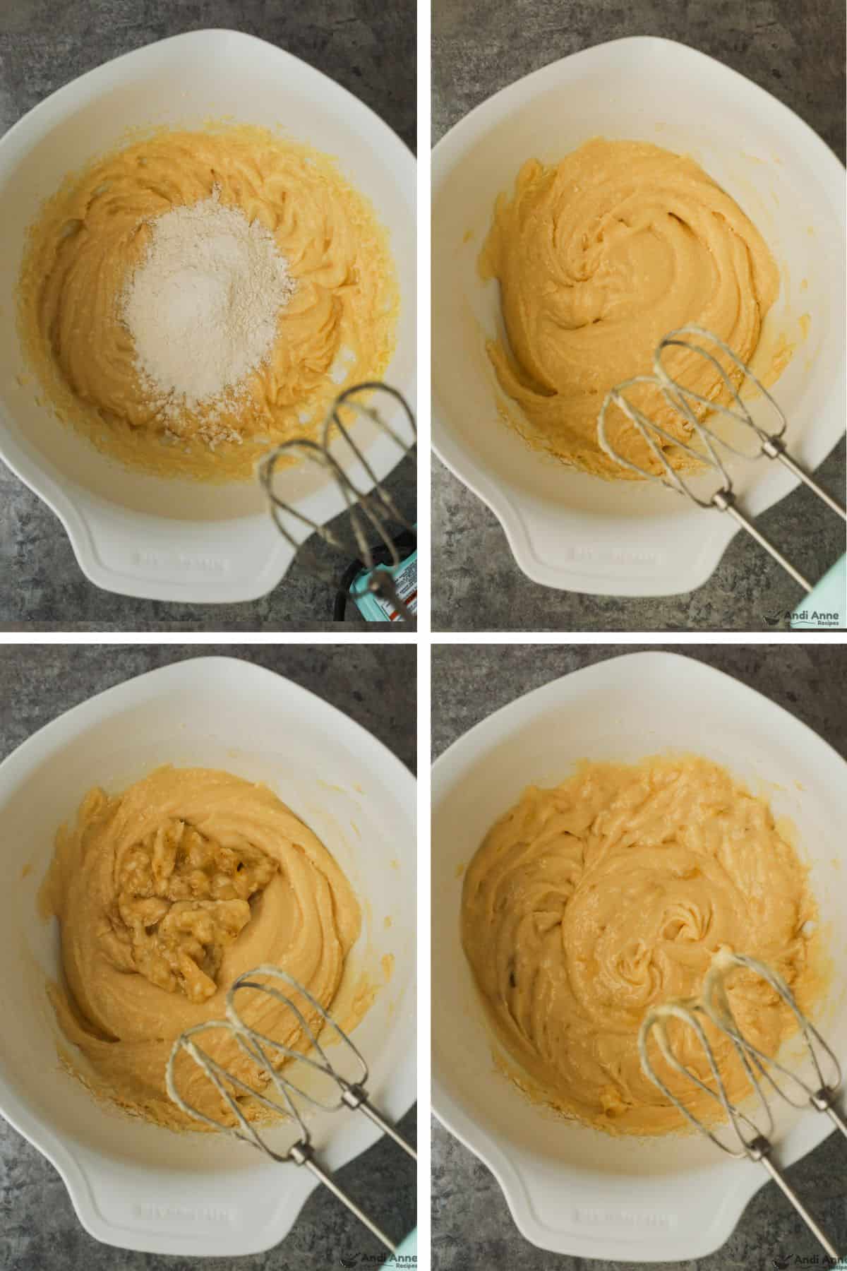 A third of the dry ingredients are added to the wet ingredients and mixed with a hand mixer. Then, a third of the mashed ripe banana is added and mixed with a hand mixer.