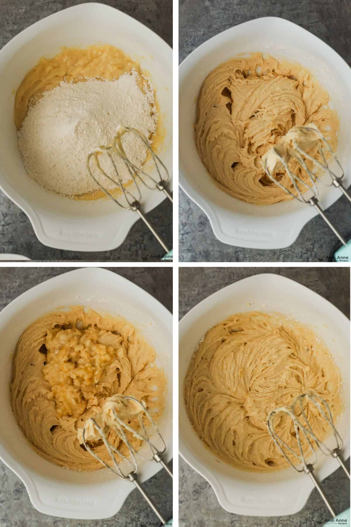 The remaining dry ingredients are added to the batter and mixed with a hand mixer, then the remaining mashed banana is added, and it is all mixed.